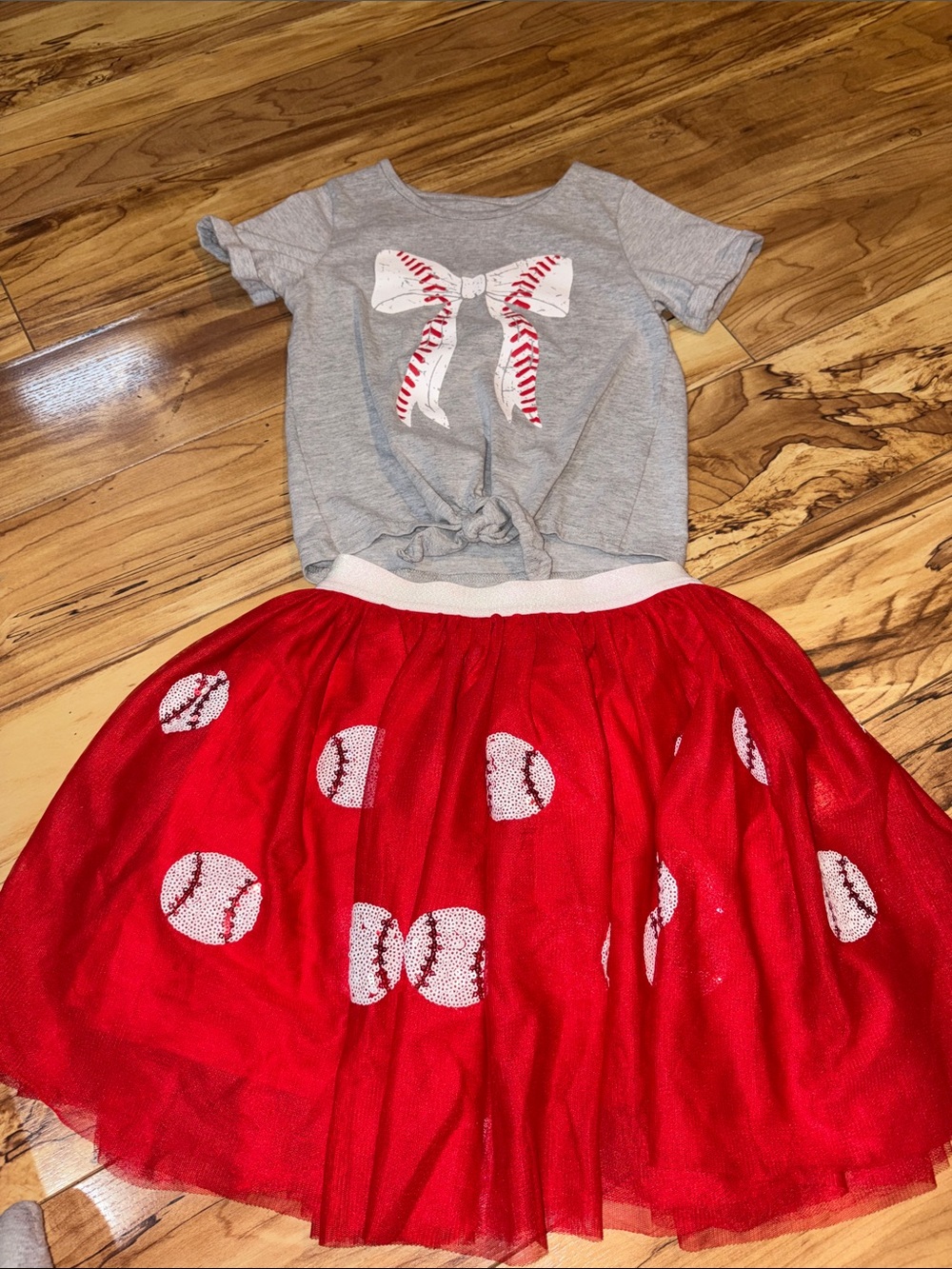 Girls Red Baseball Print Tulle Skirt with Gray Bow Top